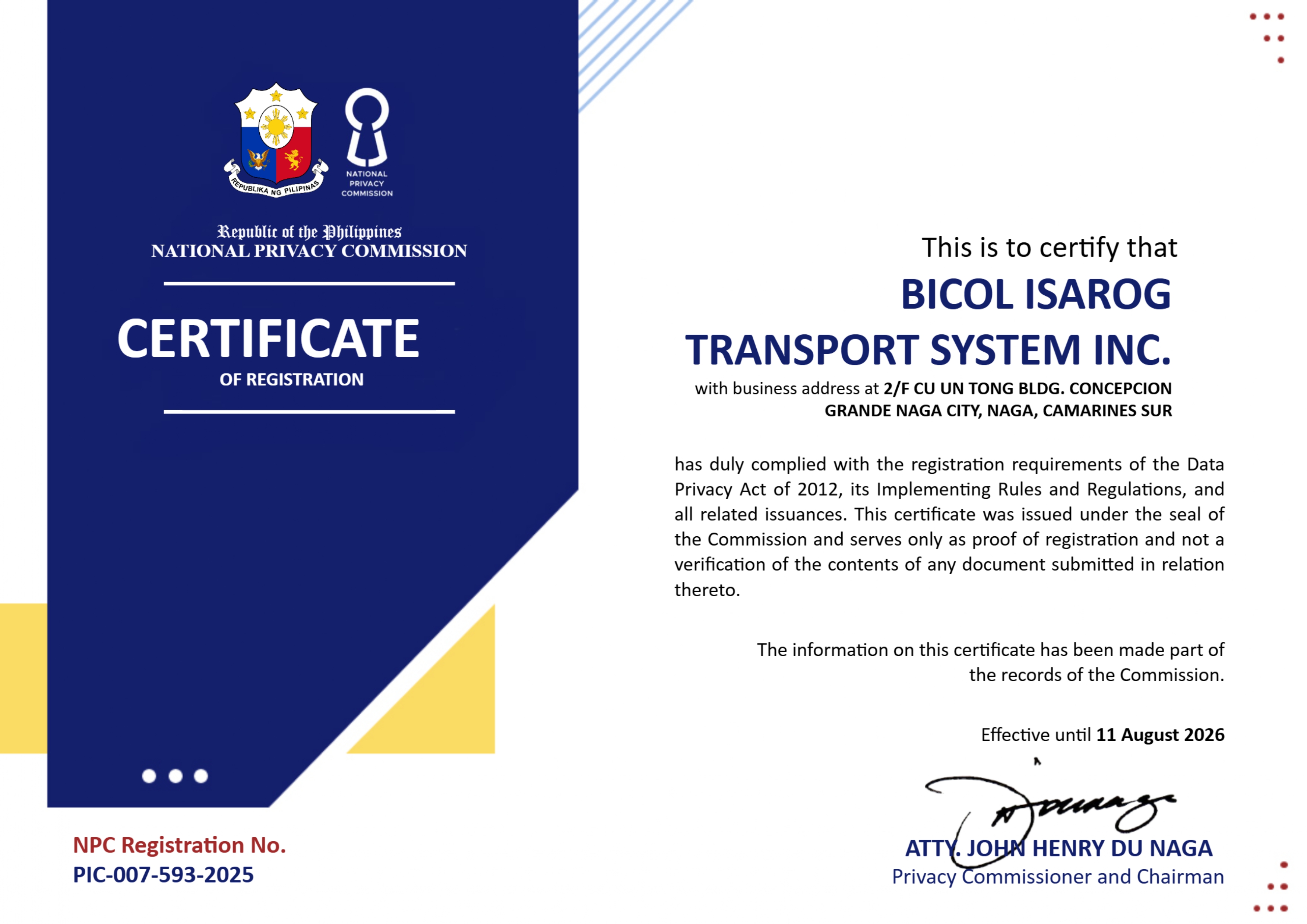 BITSI Registration Certificate 2025